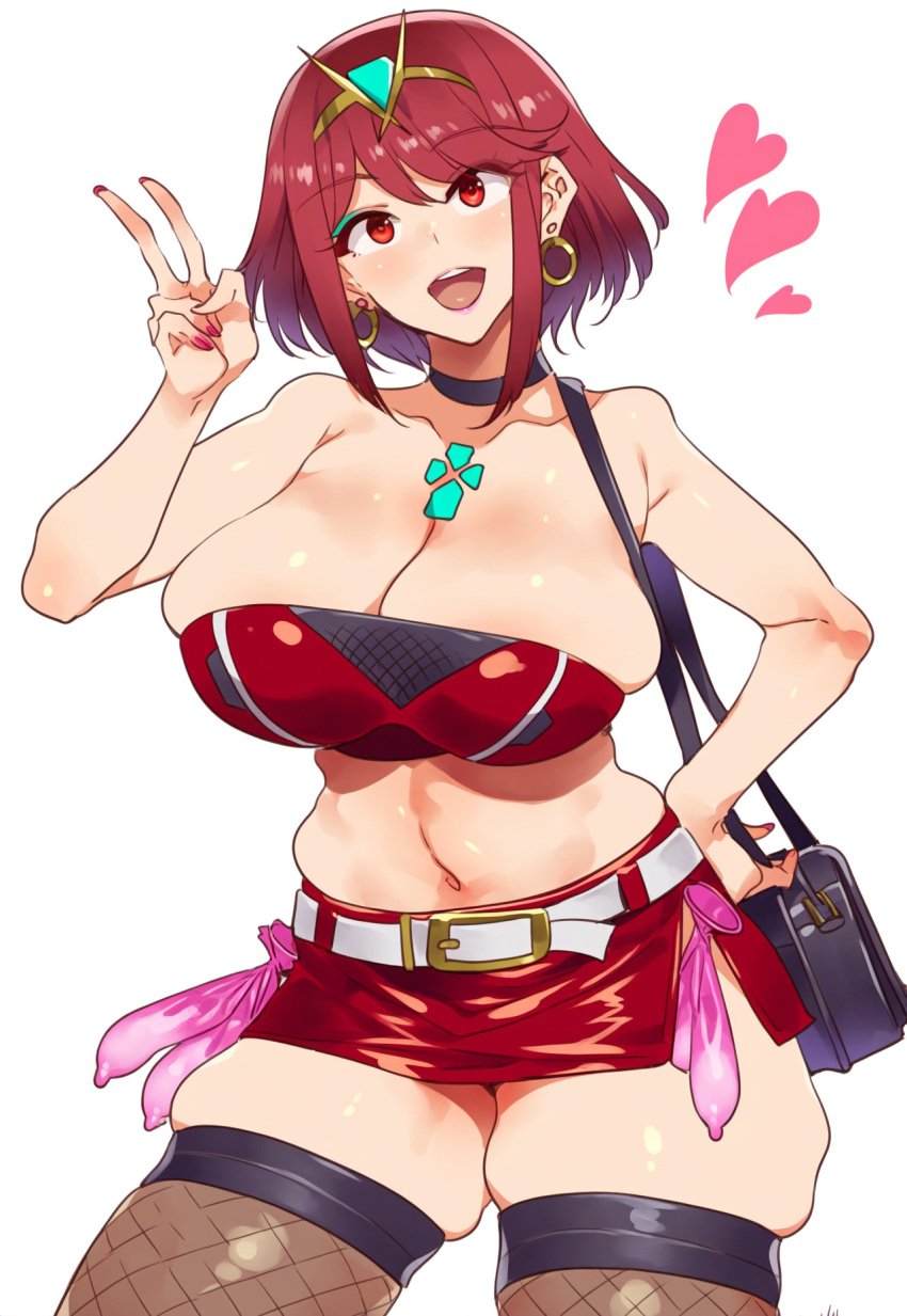 ai_generated chest_jewel cleavage condom_belt core_crystal_(xenoblade) eyeshadow female fishnet_thighhighs hair_ornament handbag hoop_earrings legs_apart lipstick microskirt miniskirt navel open_mouth peace_sign pose prostitution purple_eyeshadow pyra pyra_(xenoblade) red_clothes red_hair shiny_skin short_hair side_slit smile strapless tiara tube_top under_boob used_condom xenoblade_(series) xenoblade_chronicles_2