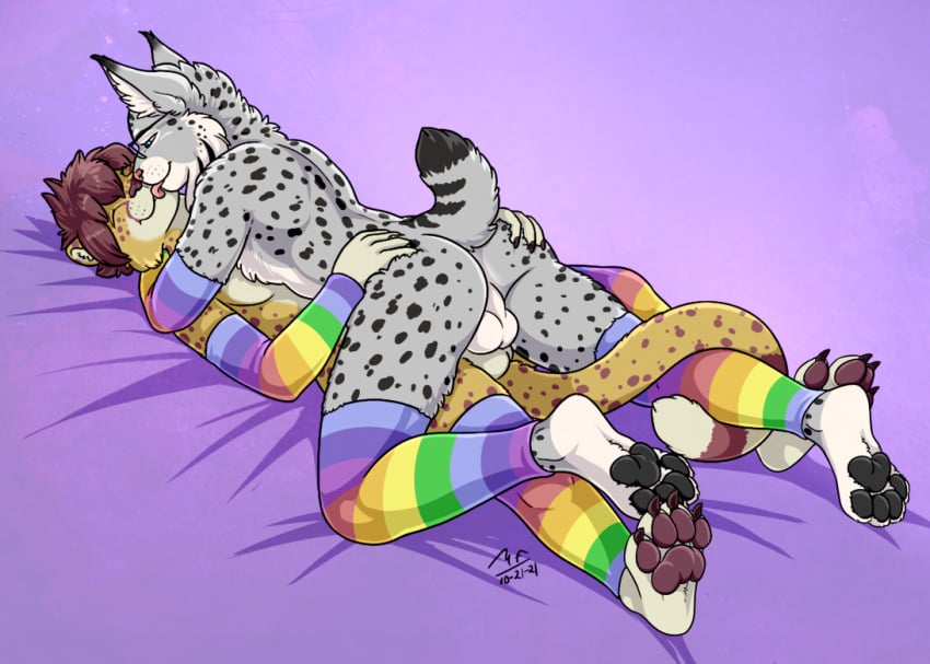 anthro arm_warmers armwear balls cheetah clothing duo face_lick felid feline genitals kissing legwear licking lynx male male/male mammal moodyferret pawpads smile synx_(synxthelynx) thigh_highs tongue