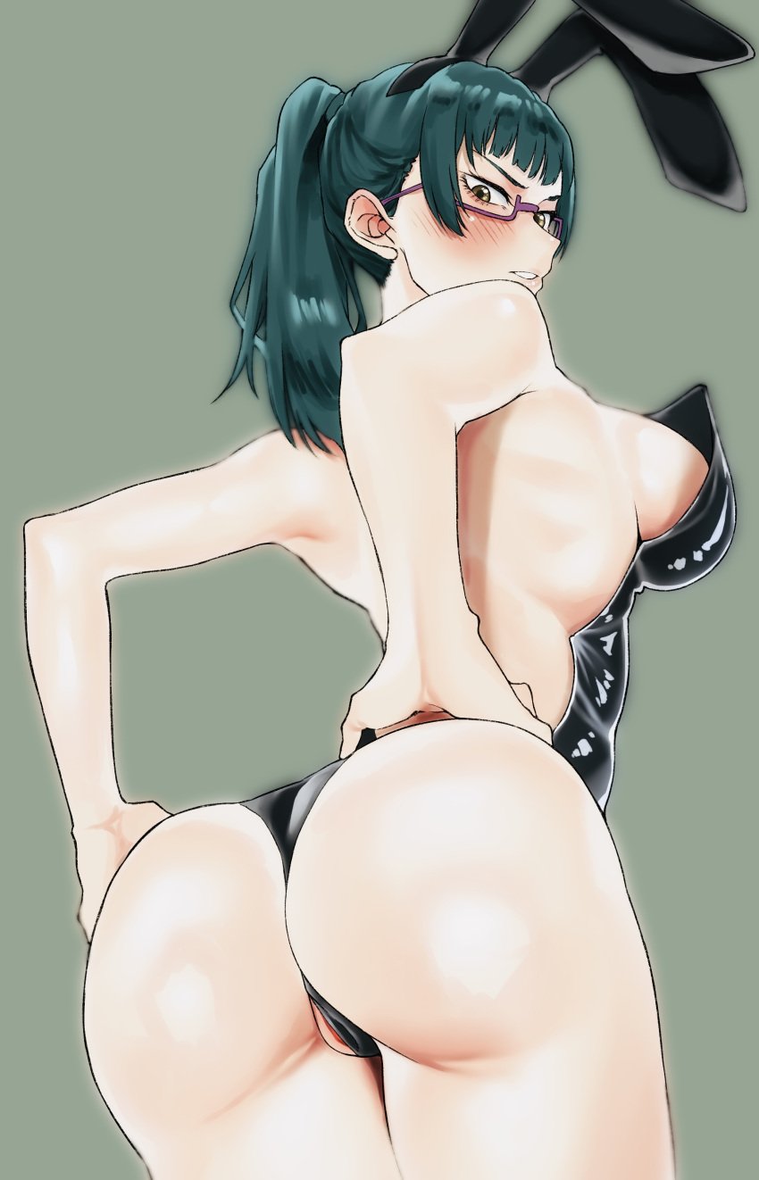 1girls ass_focus ass_grab blush brown_eyes bunny_ears bunnysuit female glasses grabbing_own_ass green_hair jujutsu_kaisen light-skinned_female light_skin long_hair looking_back notaredesuyo ponytail rear_view solo solo_female zenin_maki