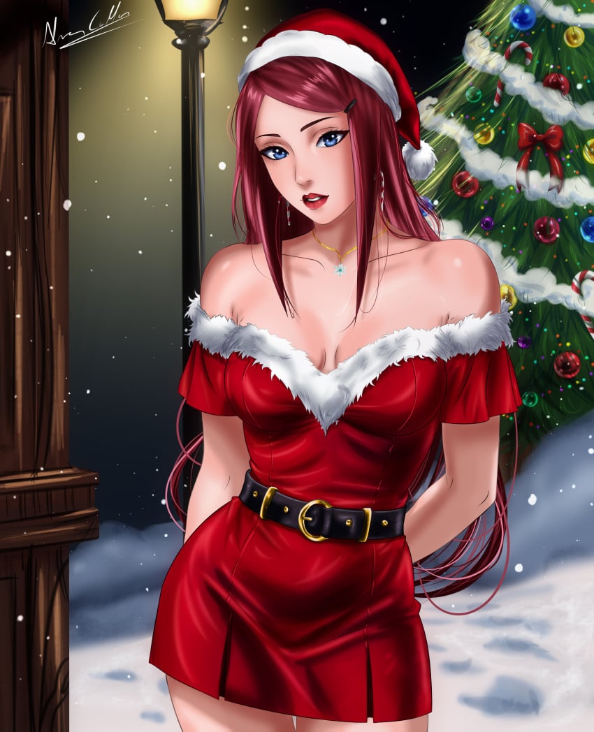 1girls absurd_res absurdres arms_behind_back bare_shoulders bedroom_eyes belt blue_eyes brnn christmas christmas_clothing christmas_hat christmas_headwear christmas_outfit christmas_tree clothed clothing dress female female_focus female_only hairclip hi_res high_resolution highres hips holidays hourglass_figure jewelry kushina_uzumaki light-skinned_female light_skin lips lipstick makeup mature mature_female milf naruto naruto_(series) naruto_shippuden necklace outdoors outside pale-skinned_female pale_skin pinup red_hair red_lips red_lipstick seductive seductive_eyes seductive_look short_dress shounen_jump shueisha skimpy skimpy_clothes snow solo solo_female solo_focus standing uzumaki_kushina very_high_resolution weekly_shonen_jump weekly_shounen_jump wide_hips