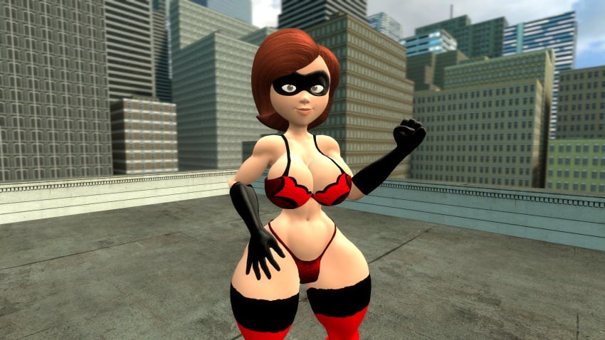 1girls 3d black_gloves black_mask bra bra_only breasts brown_eyes brown_hair elastigirl female female_only gloves helen_parr mask panties panties_only red_bra red_panties red_underwear short_hair solo solo_female solo_only the_incredibles thhypercombine12 thighhighs underwear underwear_only