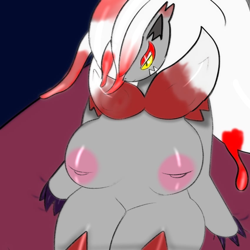 1:1 absurd_res anthro areola bed bedroom_eyes big_breasts breasts canid canine english_text female fur furniture generation_8_pokemon grey_body grey_fur hair hi_res hisuian_form hisuian_zoroark huge_breasts huge_hips huge_thighs looking_at_viewer mammal miyang_draws! multicolored_hair narrowed_eyes nintendo nipples non-mammal_nipples overweight pink_areola pink_nipples pokemon pokemon_(species) pokemon_legends_arceus regional_form_(pokemon) seductive simple_background solo text thick_thighs wide_hips yellow_eyes zoroark