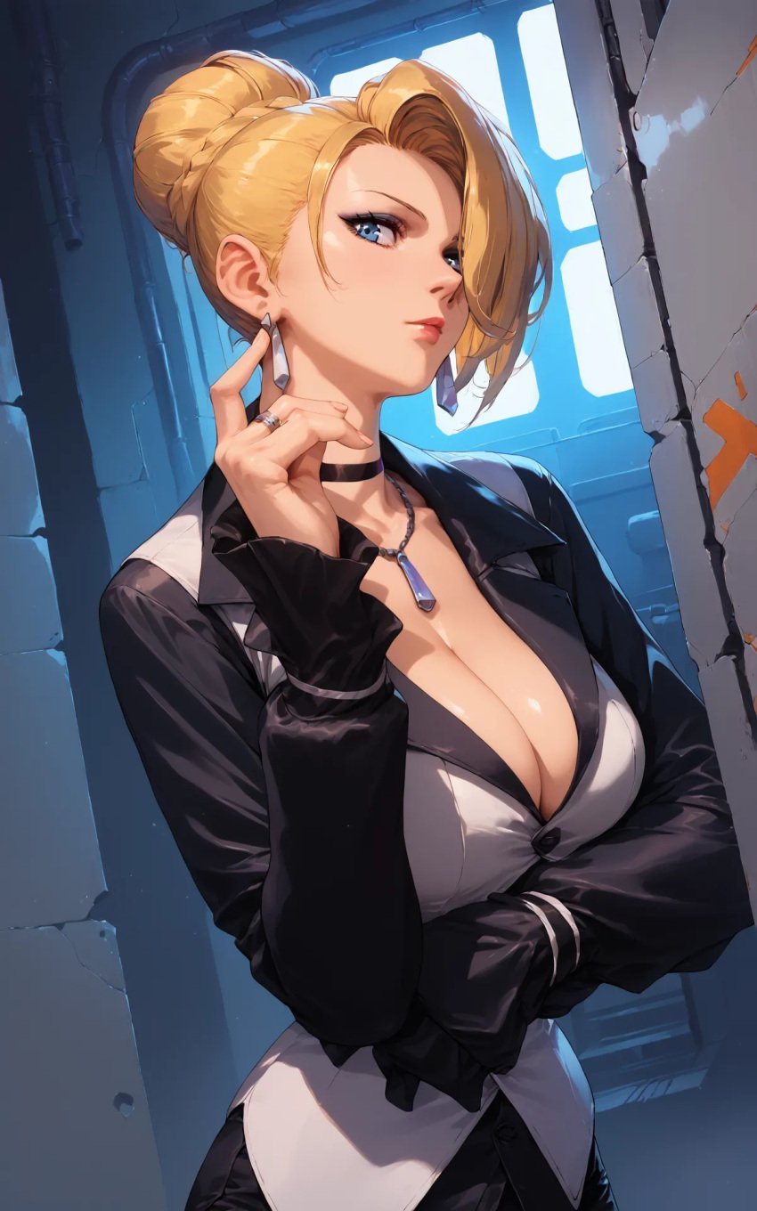 1girls ai_generated big_breasts blonde_hair blue_eyes building busty clothed collar curvaceous dress earrings female hair_bun king_of_fighters light-skinned_female light_skin long_hair mature_(kof) natural_breasts one_eye_covered one_eye_obstructed pale-skinned_female pale_skin soft_breasts voluptuous voluptuous_female white_skin