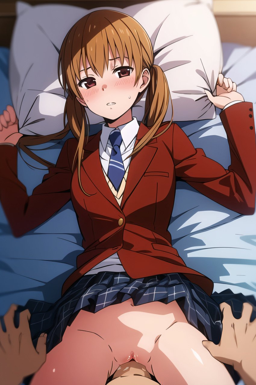 1boy 1girls ai_generated blazer bottomless brown_hair missionary missionary_position missionary_sex mizutani_shizuku necktie school_uniform tagme tonari_no_kaibutsu-kun twintails vaginal_penetration vaginal_sex