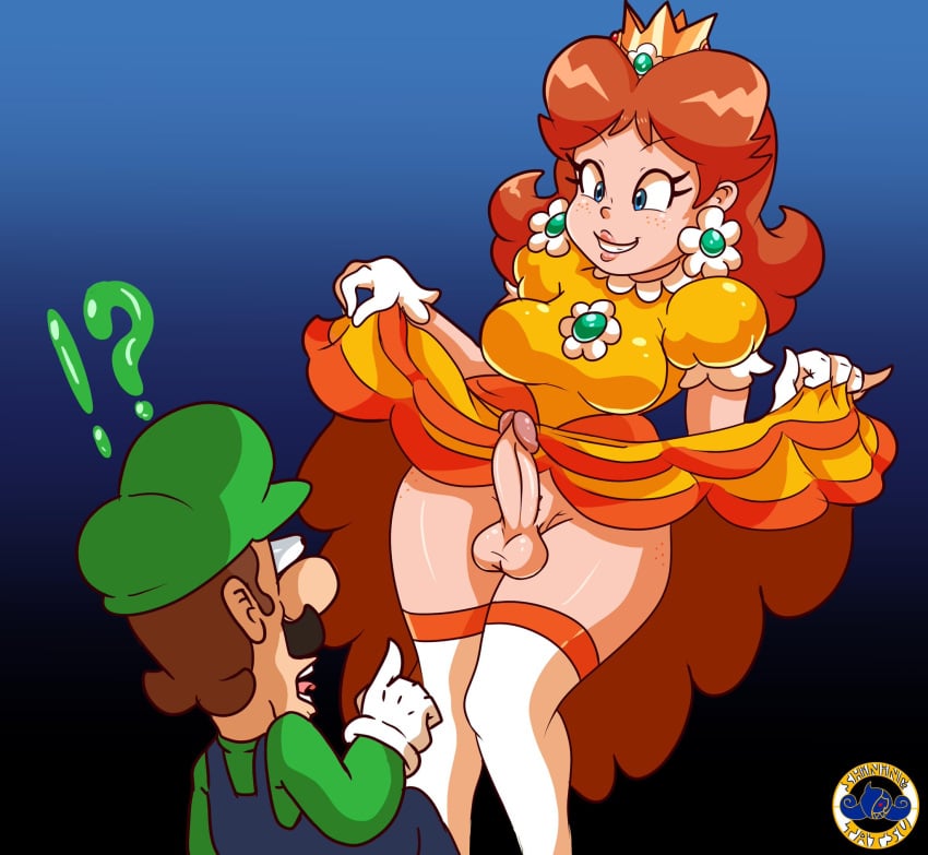 ! 1boy 1futa ? balls blue_overalls brown_hair clothing crown dress dress_lift duo erection eyes_popping_out facial_hair firegon55 flower_earrings futanari gloves green_hat green_shirt hat human looking_at_another looking_at_penis luigi male mario_(series) moustache nintendo open_mouth penis princess princess_daisy royalty shiningtatsu smiling supergon55 surprised voluptuous voluptuous_futanari white_gloves