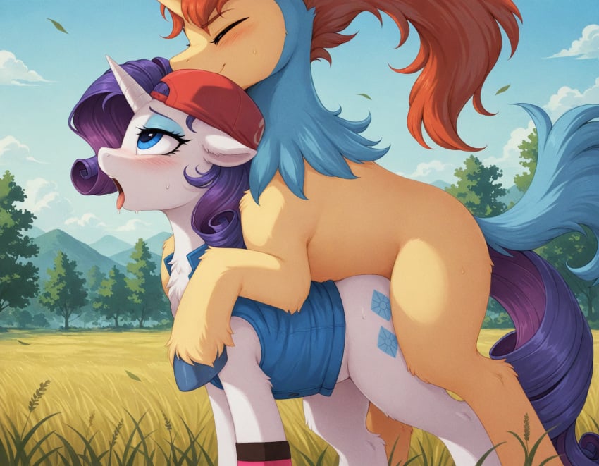 1boy 1girls ai_generated ambiguous_penetration backwards_baseball_cap baseball_cap blue_eyes blush chest_tuft closed_eyes clothed clothing cloud crossover duo female feral feral_on_feral friendship_is_magic from_behind_position grass grass_field hasbro horn interspecies keldeo keldeo_(ordinary_form) male mounting my_little_pony nintendo obscured_penetration open_mouth outdoor_sex penetration pokémon_(species) pokemon pokemon_(species) rarity_(mlp) saliva sex sky smile stable_diffusion straight sweatband tongue_out tree tyto4tme4l unicorn vest