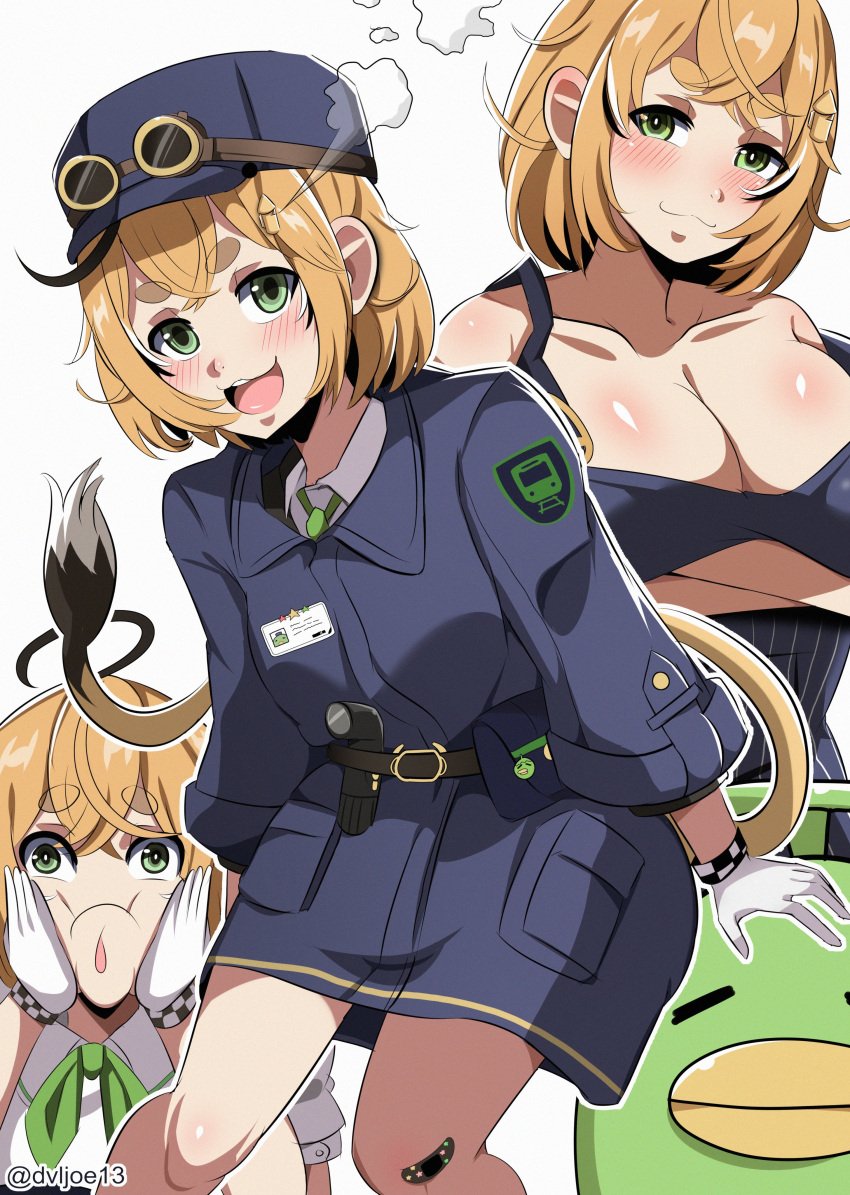 2d 2d_(artwork) 2d_artwork bandage blonde_hair blush cleavage_overflow conductor_hat conductor_uniform dooby3d dvljoe gloves goggles green_eyes indie_virtual_youtuber jerboa jerboa_humanoid mascot multiple_images steam strap_slip tagme virtual_youtuber