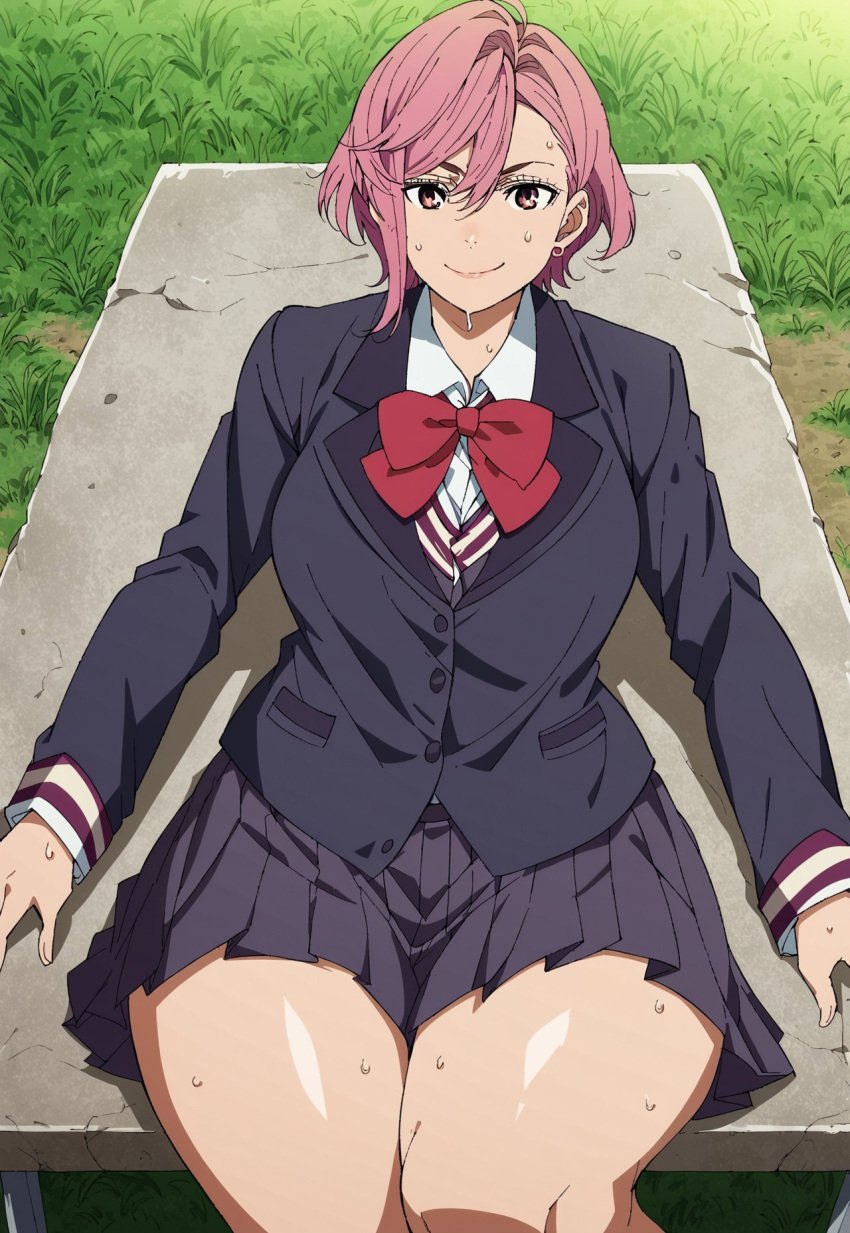 ai_generated big_breasts civitai clothed_female dandadan dumptruck_ass dumptruck_butt earings fingerless_gloves hips_wider_than_shoulders huge_breasts laying_down outdoors pink_hair school_uniform schoolgirl shiratori_aira_(dandadan) shoes slim_waist solo_female summer thick_thighs thighhighs thunderthighs wet