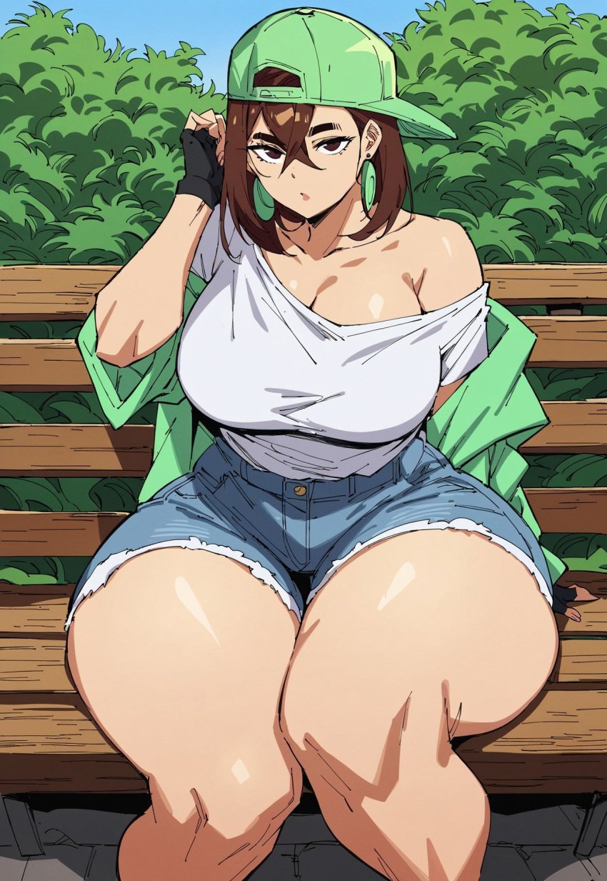 ai_generated anime ayase_momo brown_hair civitai clothed_female dandadan earrings fingerless_gloves forest grass grass_field hourglass_figure huge_breasts jacket_open jeans medium_breasts outdoors outside sitting_down suprised_look tank_top