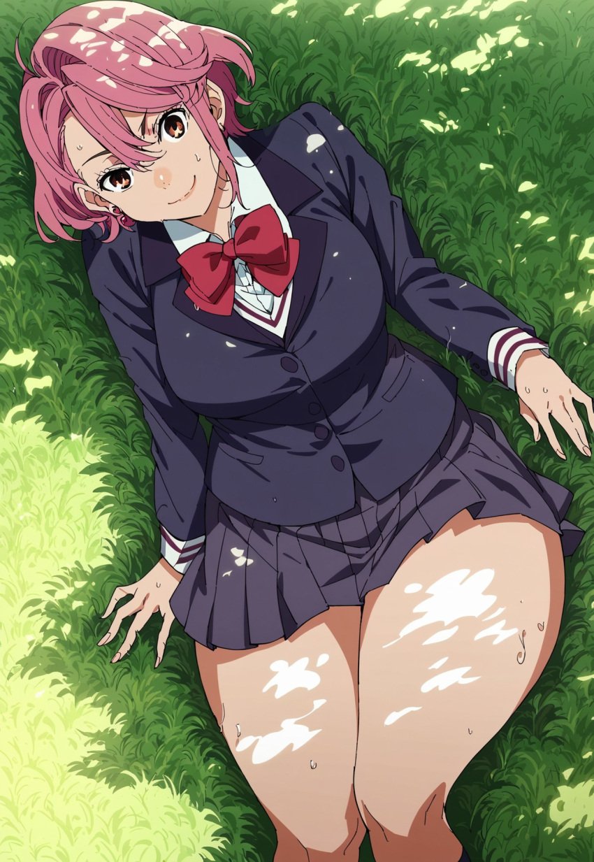 ai_generated big_breasts civitai clothed_female dandadan dumptruck_ass dumptruck_butt earings fingerless_gloves hips_wider_than_shoulders huge_breasts laying_down outdoors pink_hair school_uniform schoolgirl shiratori_aira_(dandadan) shoes slim_waist solo_female summer thick_thighs thunderthighs wet