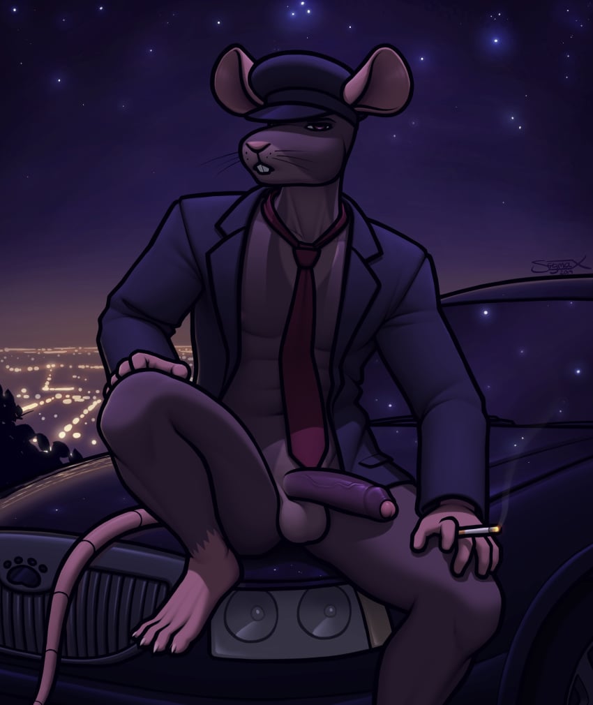 abs absurd_res animal_humanoid anthro black_cap black_car black_clothing black_jacket black_topwear bottomless bottomless_anthro bottomless_male buckteeth car chauffeur cigarette cigarette_holder city city_background city_skyline cityscape clothed clothing genitals half-erect hand_on_knee hand_on_leg hat headgear headwear hi_res holding_cigarette holding_object humanoid jacket leaning leaning_forward leaning_on_self male mammal mammal_humanoid muscular necktie night open_clothing open_jacket open_topwear partially_clothed penis plant raised_leg red_necktie rodent rodent_humanoid shrub sigma_x sitting sitting_on_car sky solo star starry_sky teeth topwear uniform uniformed_male vehicle whiskers