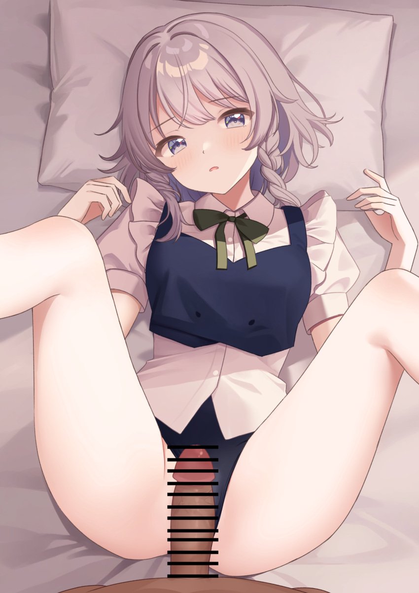 1boy adda bar_censor bed_sheet black_leotard blue_eyes blue_vest blush bow bowtie braid breasts censored clothing_aside collared_shirt commentary_request commission feet_out_of_frame female green_bow green_bowtie grey_hair highres imminent_penetration imminent_vaginal izayoi_sakuya leotard leotard_aside leotard_under_clothes looking_at_viewer lying m_legs medium_breasts missionary on_back open_mouth penis penis_on_pussy pillow puffy_short_sleeves puffy_sleeves pussy sakuya_izayoi shirt short_sleeves side_braids skeb_commission spread_legs straight thighs touhou variant_set vest white_shirt