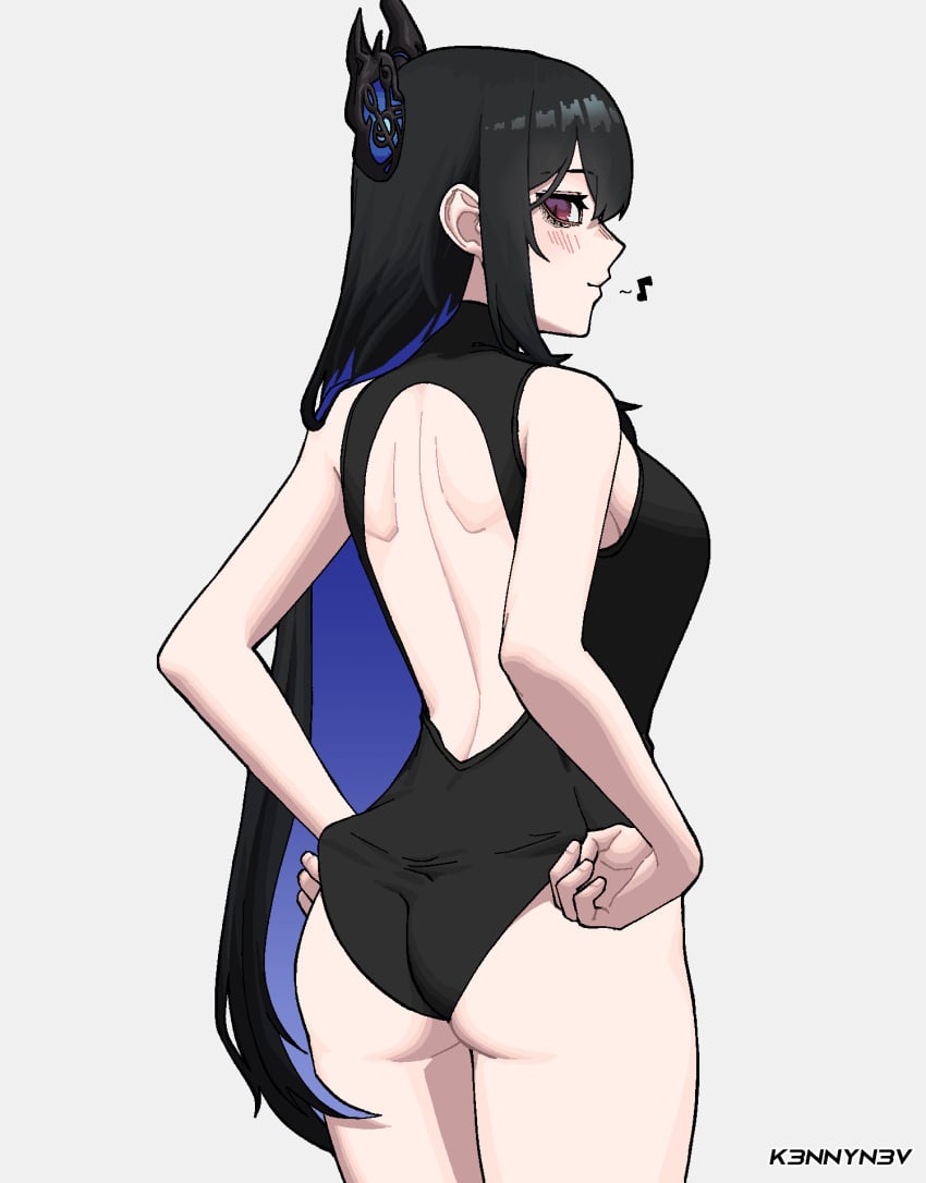 ass ass_focus blush hololive hololive_english hololive_english_-advent- k3nnyn3v long_hair musical_note nerissa_ravencroft smile swimsuit swimsuit_pull virtual_youtuber vtuber watermark