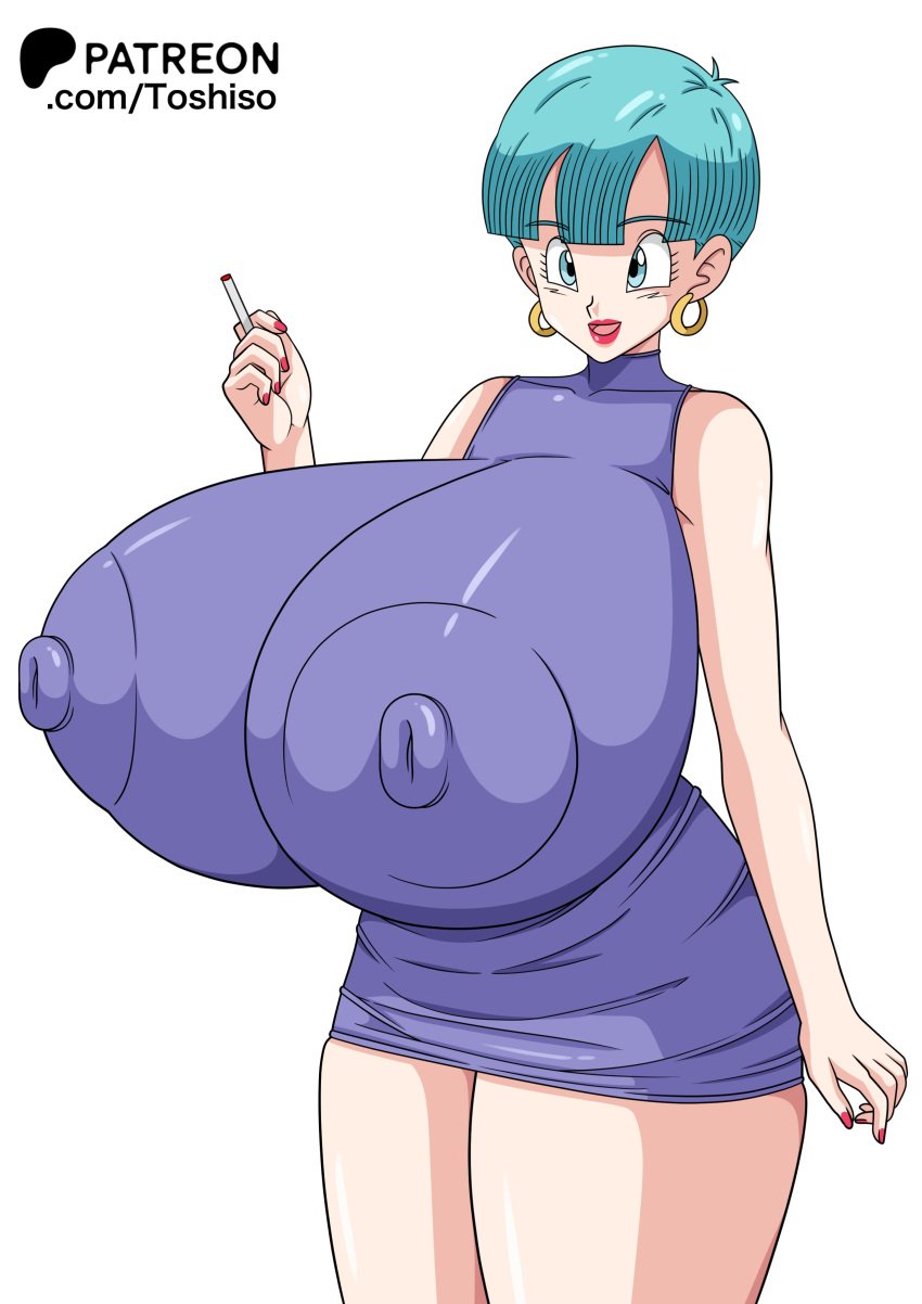 big_breasts big_breasts blue_hair breasts breasts bulma_(dragon_ball) bulma_briefs bulma_briefs cigarette dragon_ball dragon_ball_z earrings giant_breasts giant_tits gigantic_breasts gigantic_tits huge_breasts huge_breasts large_breasts large_tits massive_breasts massive_tits nipple_bulge nipples short_hair shounen_jump tagme toshiso