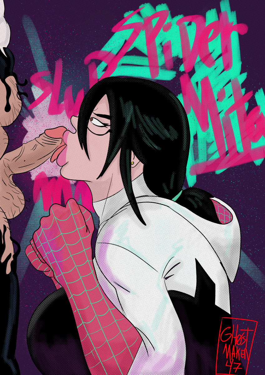 black_hair blowjob cosplay gh0stmaker47 glasses marvel mitakize roleplay spider-gwen_(cosplay) spider-verse spider-verse_(style) venomized