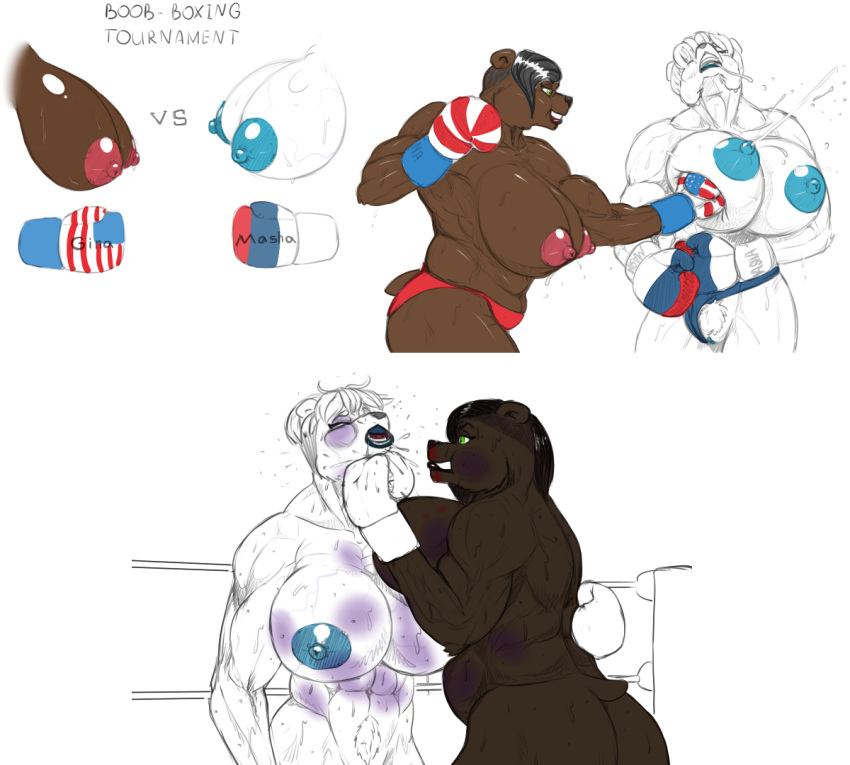 2017 american_flag_boxing_gloves anthro ass bear belly big_breasts big_butt black_hair blood boxer_(disambiguation) boxing boxing_gloves boxing_ring breast_punch breasts brown_fur bruised female fight fur gloves green_eyes hair hellbridge invalid_tag mammal muscular muscular_female nipples nude polar_bear pubes punch pussy russian_flag_boxing_gloves slightly_chubby sweat teeth topless topless_boxing white_fur white_hair