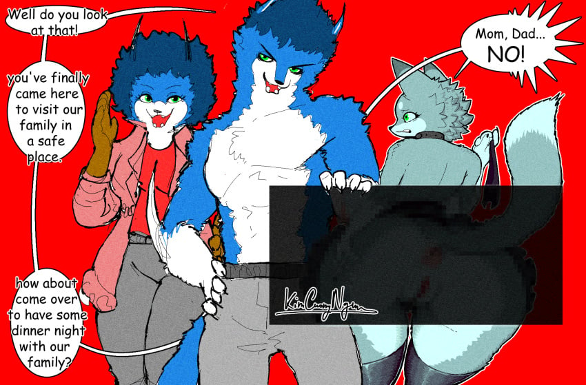 anthro anus ass big_breasts blue_body blue_fur bodily_fluids bottomwear breasts c8_(kimcuongnguyen) canid canine censored chim_(kimcuongnguyen) chim_chim_cheree_(kimcuongnguyen) clothed clothing daughter_(lore) digital_media_(artwork) english_text family father_(lore) female fox fur genital_fluids genitals gianna_ellie_(kimcuongnguyen) green_eyes grey_body group hair hi_res kimcuongnguyen looking_at_viewer male male/female mammal nipples nude parent_(lore) pussy simple_background solo tail text trio