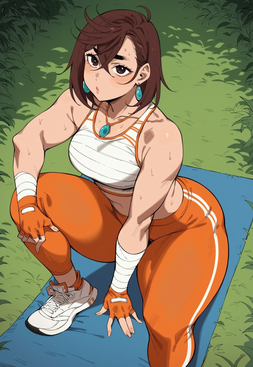 ai_generated anime ayase_momo brown_hair civitai clothed_female clothing crouching dandadan earings exposed_midriff fit_female fitness hourglass_figure huge_breasts orange outside running_shoes shorts staring_at_viewer sweat sweating tank_top thick_thighs