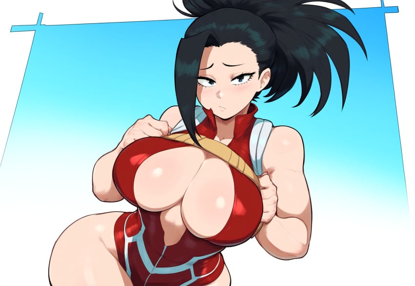 1girls ai_generated big_breasts black_hair boku_no_hero_academia cleavage female huge_breasts large_breasts leotard momo_yaoyorozu mullon my_hero_academia novelai ponytail solo superheroine top_heavy