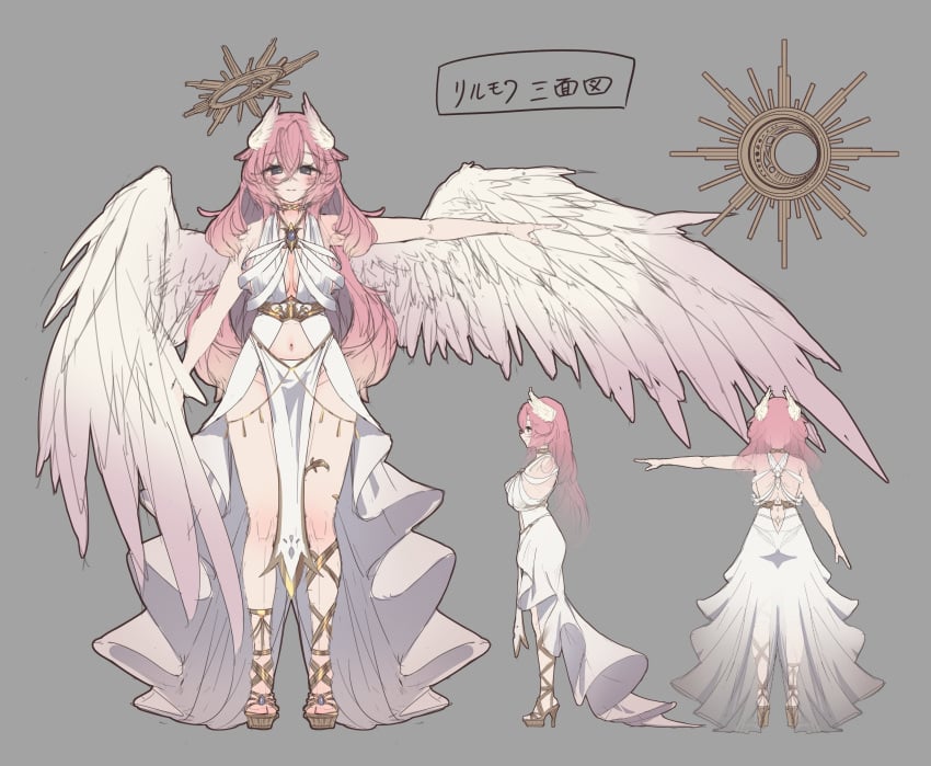 absurdres breasts female halo highres large_breasts liloumois long_hair original pink_eyes pink_hair reference_sheet tagme translation_request uji_matcha vrchat wedge_heels white_wings wing_hair_ornament wings yellow_halo