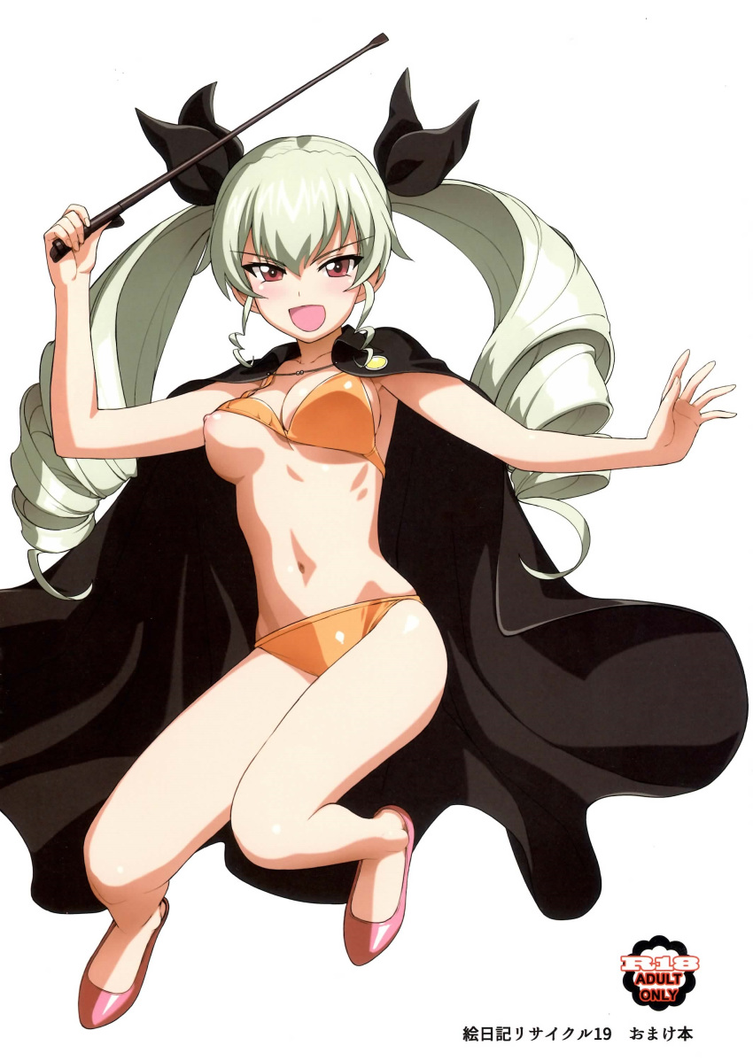 a1 absurdres anchovy bikini blush breasts breasts_out cape drill_hair female girls_und_panzer green_hair hair_ornament hair_ribbon highres large_breasts navel nipples orange_bikini red_eyes ribbon solo swimsuit swimwear twintails