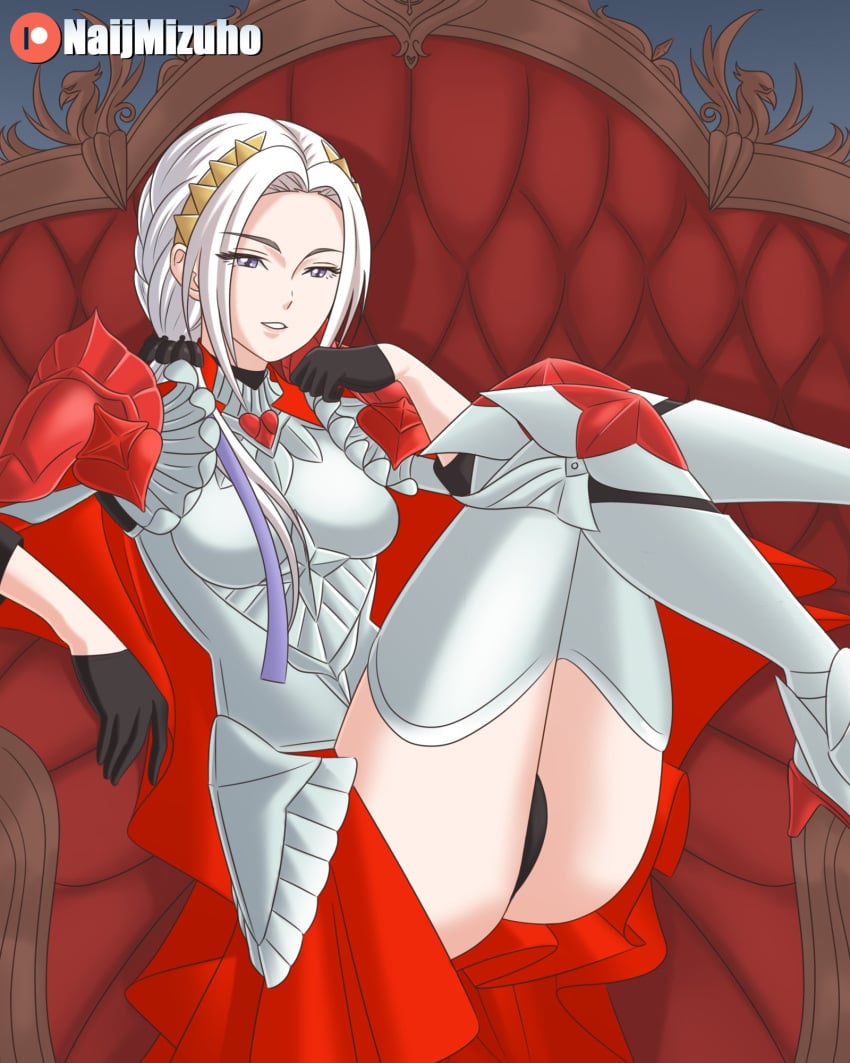 armor black_gloves black_panties breasts cape edelgard_von_hresvelg female fire_emblem fire_emblem:_three_houses fire_emblem_warriors:_three_hopes gloves highres medium_breasts naijmizuho official_alternate_costume official_alternate_hairstyle open_mouth panties pantyshot purple_eyes sitting solo underwear upskirt white_hair