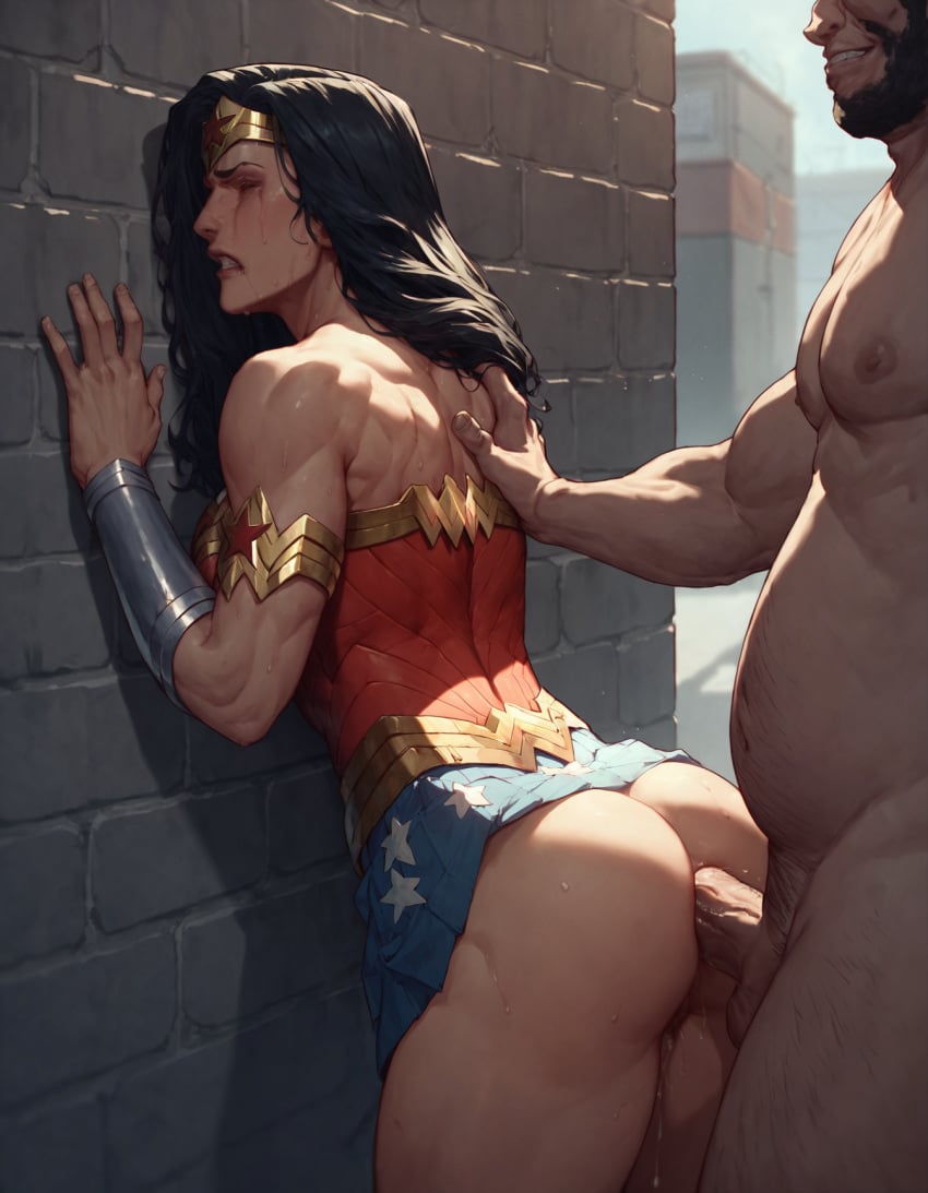 1boy 1girls against_wall ai_generated alley anal anal_sex ass athletic_female bottomless crying dc dc_comics defeated defeated_heroine doggy_style fat_man from_behind human light-skinned_male muscular partially_clothed pussy_juice pussy_juice_drip rape rtxfus rtxfus34 skirt skirt_lift standing standing_doggy_style standing_sex sweat wonder_woman wonder_woman_(series)