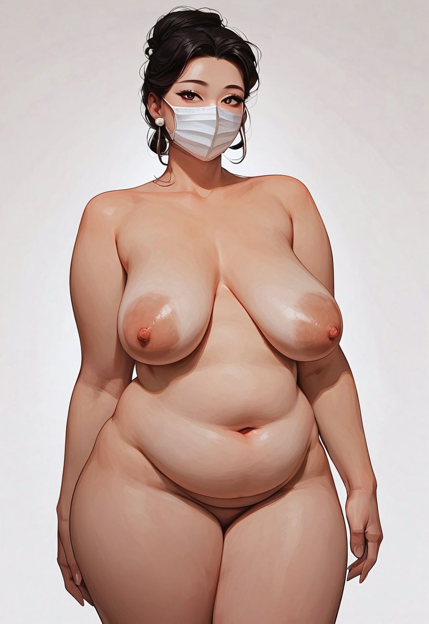 ai_generated asian asian_female belly belly_overhang big_breasts chubby chubby_female facemask fat hair_bun large_areolae large_breasts light_skin mask mature mature_female milf pale_skin thick_thighs wide_hips