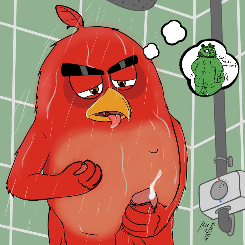 1:1 aldenyates angry_birds avian bird bodily_fluids columbia_pictures cum domestic_pig fantasy genital_fluids hairy hi_res leonard_mudbeard male male/male mammal masturbation nipple_fetish nipple_play overweight pinch red_(angry_birds) rovio rovio_animation rovio_entertainment sega shower sony suid suina sus_(pig) the_angry_birds_movie