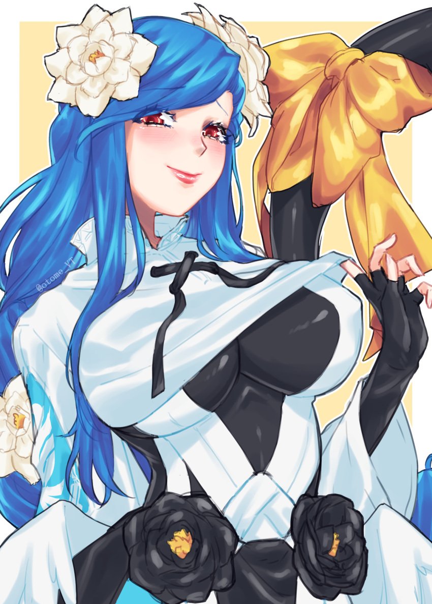 angel_wings artist_name black_dress black_flower black_gloves blue_hair blush border braid braided_ponytail breasts closed_mouth clothes_pull covered_erect_nipples crop_top dizzy_(guilty_gear) dress elbow_gloves female fingerless_gloves flower front_slit gloves guilty_gear guilty_gear_strive hair_ornament highres holding_hands large_breasts lips long_hair mature_female otome_vt pulling_own_clothes queen_dizzy ribbon shaded_face sidelocks smile solo swept_bangs tail tail_ornament tail_ribbon thick_eyelashes twitter_username white_border white_flower wings yellow_background