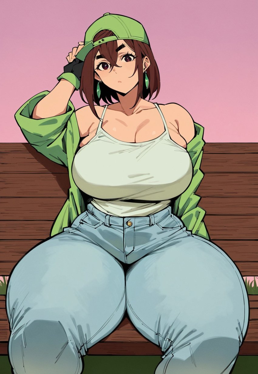 ai_generated anime ayase_momo brown_hair civitai clothed_female confident_female dandadan earrings fingerless_gloves forest grass grass_field hourglass_figure huge_breasts jacket_open jeans medium_breasts outdoors outside smug_face smug_grin suprised_look thunder_thighs