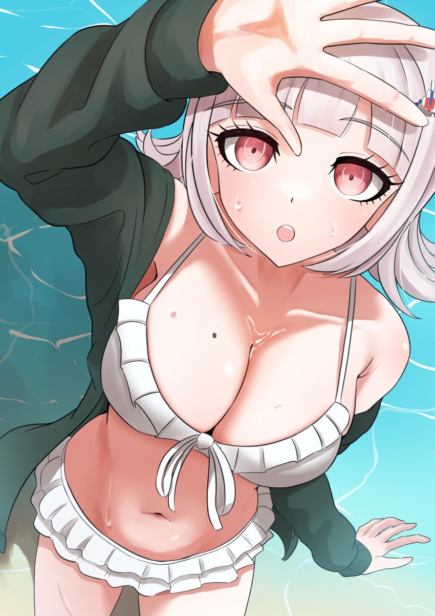 1girls absurdres arm_up bikini blunt_bangs blush breasts cleavage collarbone danganronpa danganronpa_(series) danganronpa_2:_goodbye_despair female flipped_hair frilled_bikini frills galaga highres jacket large_breasts long_sleeves medium_hair mole mole_on_breast nanafuku nanami_chiaki navel off_shoulder open_clothes open_jacket outdoors pink_eyes shiny_skin solo stomach swimsuit teeth upper_teeth_only water wet white_bikini