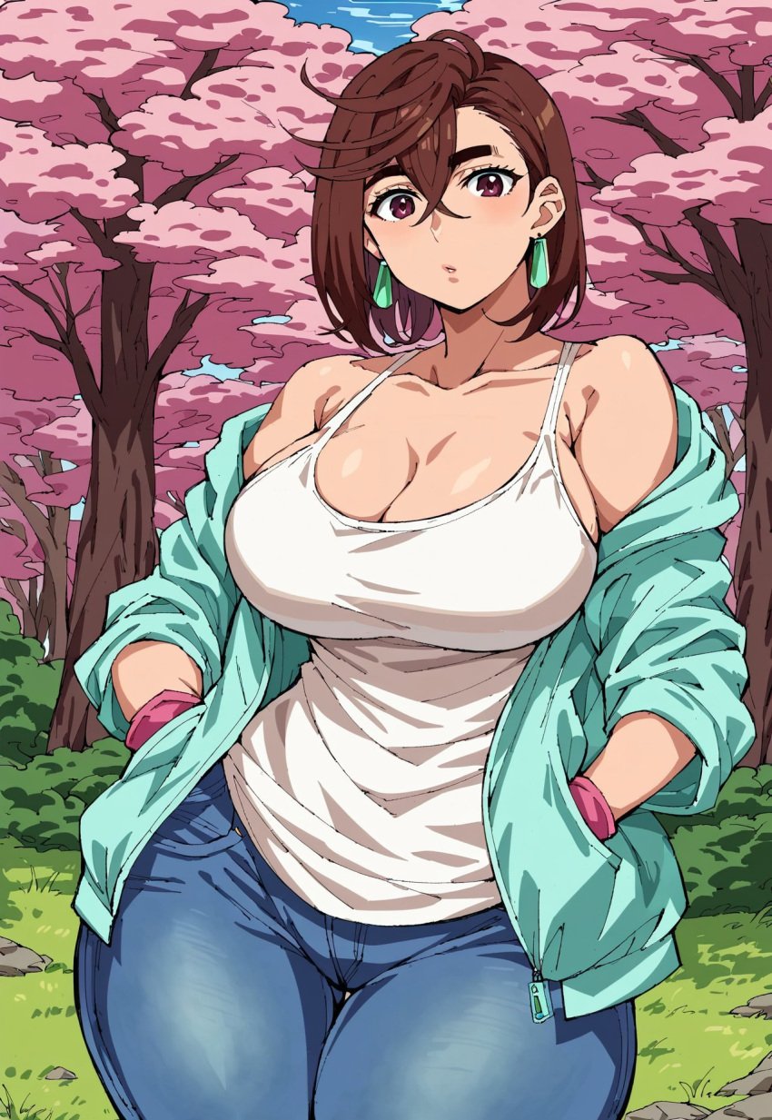 ai_generated anime ayase_momo brown_hair civitai clothed_female dandadan earrings fingerless_gloves forest grass grass_field hourglass_figure huge_breasts jacket_open jeans medium_breasts outdoors outside standing suprised_look