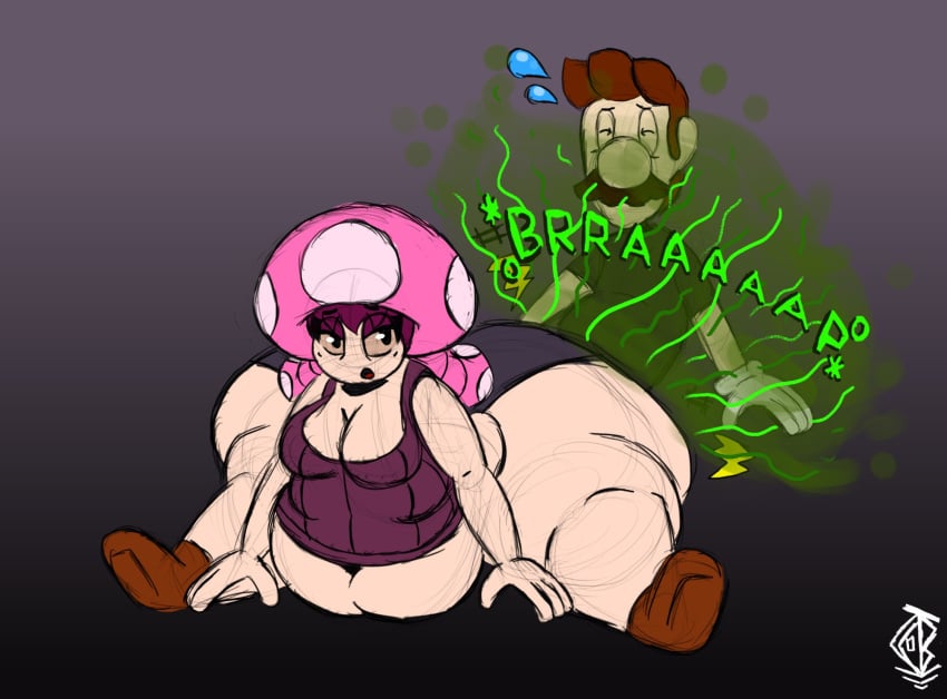 1boy 1girls ass belly big_ass big_belly black_shirt breasts brown_hair closed_eyes clothing dumptruck_ass dumptruck_butt duo enormous_ass fart fart_cloud fart_fetish fat fat_ass fat_belly gloves huge_ass humanoid interspecies kink-klown large_ass luigi male male/female mario_(series) moustache nintendo obese obese_female overweight overweight_female plump sex straight straight_sex thunder_thighs toadette wide_hips