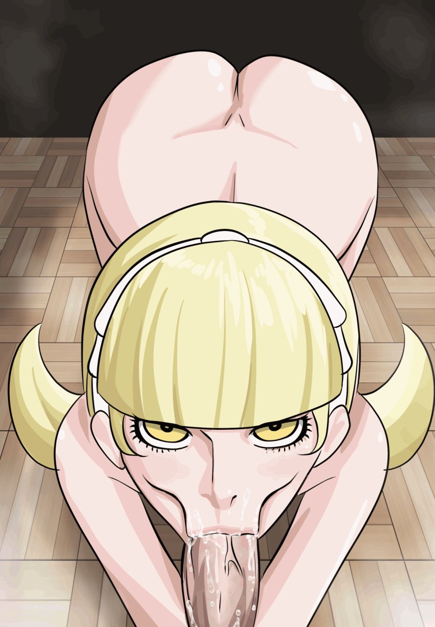 :>= alice_(megami_tensei) animated ass ass_jiggle ass_up atlus blonde_hair blowjob blowjob_face cum cum_in_mouth fellatio light-skinned_female light_skin looking_at_viewer majinbel petite petite_body pov pov_eye_contact shin_megami_tensei