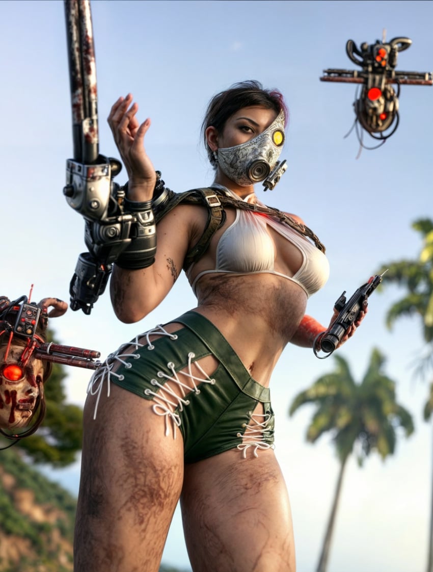 1girls adriana_imai beach black_hair boob_window bra brazilian brazilian_female dbd dead_by_daylight dirty ear_piercing female female_focus female_only light-skinned_female light_skin masked_female partially_clothed short_shorts shorts solo_female the_skull_merchant thick_ass thick_thighs weapon