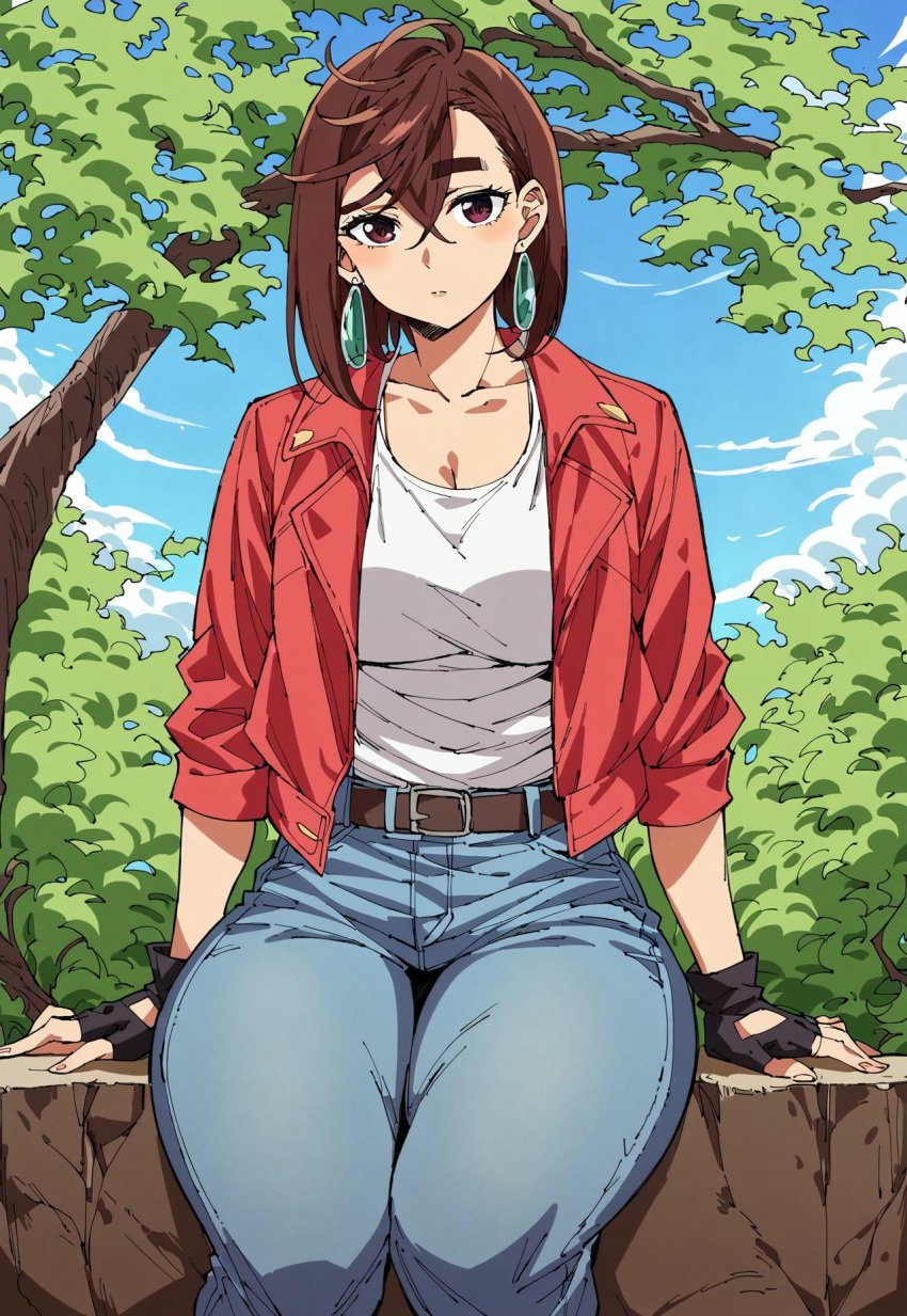 ai_generated anime ayase_momo brown_hair civitai clothed_female dandadan earrings fingerless_gloves forest grass grass_field hourglass_figure huge_breasts jacket_open jeans medium_breasts outdoors outside sitting suprised_look tank_top