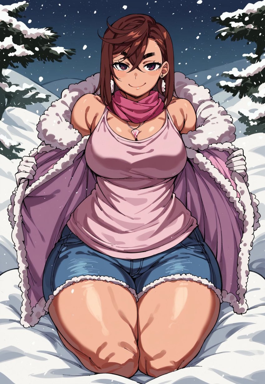 ai_generated ayase_momo brown_hair civitai clothed_female dandadan earrings gloves hands hat hips hotpants hourglass_figure huge_breasts jacket jeans necklace on outside scarf smiling smirking snow thick_thighs trees