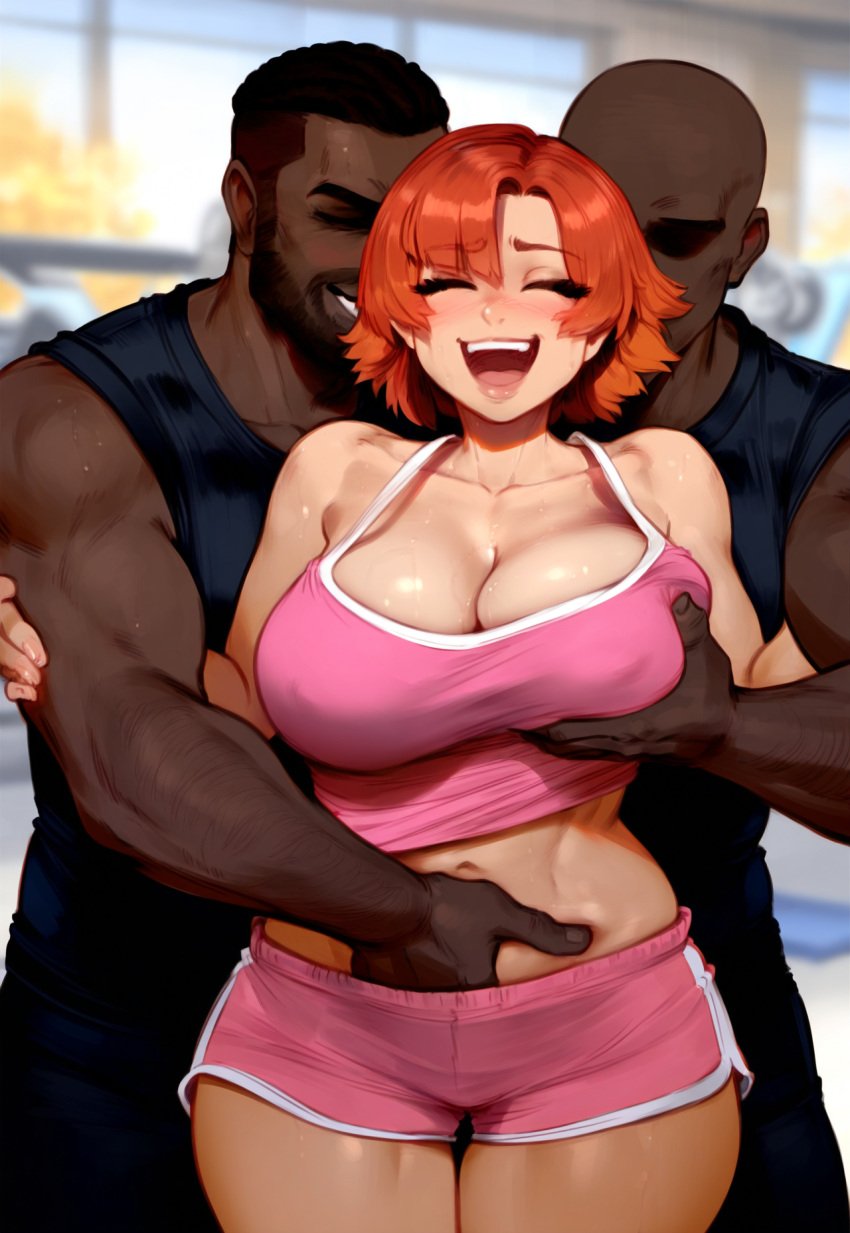 1girls 2boys ai_generated blush dark-skinned_male dark_skin faceless_male ginger groping groping_breasts groping_from_behind gym gym_clothes gym_uniform hand_in_panties interracial kuvi0 large_breasts nora_valkyrie rwby self_upload smiling smiling_at_viewer sweat sweating thick_thighs