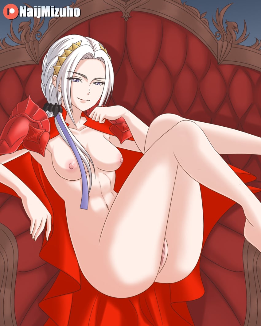 armor black_gloves breasts cape completely_nude edelgard_von_hresvelg female fire_emblem fire_emblem:_three_houses fire_emblem_warriors:_three_hopes gloves highres medium_breasts naijmizuho nude official_alternate_hairstyle purple_eyes sitting smile solo white_hair