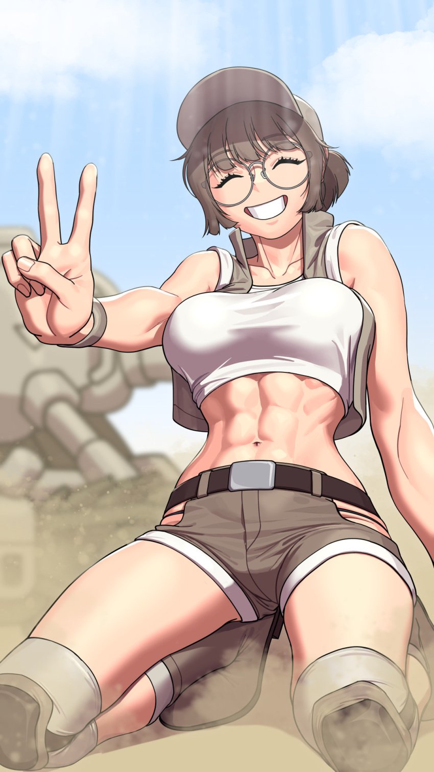 1girls ^_^ abs belt black_panties boots breasts brown_hair closed_eyes clothed crop_top desert fio_germi glasses grin hat hi_res hip_vent hourglass_figure knee_pads kneeling lyoung0j medium_breasts metal_slug midriff narrow_waist navel outdoors panties panty_peek revealing_clothes sand short_shorts shorts sky smile snk solo tank teeth toned toned_female v vest