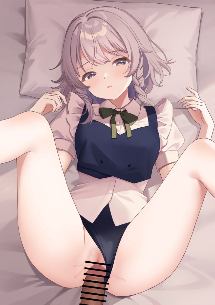 1boy adda bar_censor bed_sheet black_leotard blue_eyes blue_vest blush bow bowtie braid breasts censored clothing_aside collared_shirt commentary_request commission cum cum_in_pussy feet_out_of_frame female green_bow green_bowtie grey_hair highres izayoi_sakuya leotard leotard_aside leotard_under_clothes looking_at_viewer lying m_legs medium_breasts on_back open_mouth penis pillow puffy_short_sleeves puffy_sleeves pussy pussy_juice sex shirt short_sleeves side_braids skeb_commission spread_legs straight thighs touhou vaginal_penetration variant_set vest white_shirt