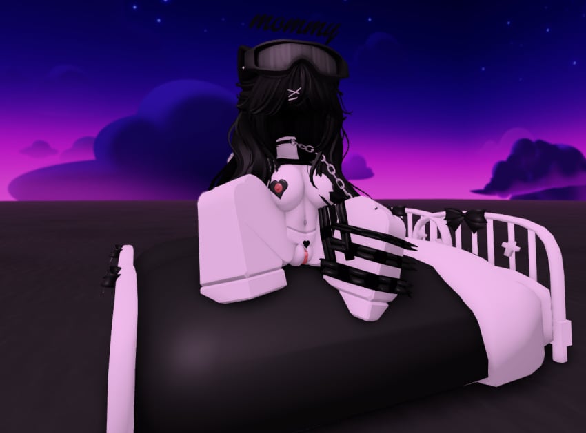 3d bed black_hair glasses half-dressed headless purple_background roblox tagme white_skin