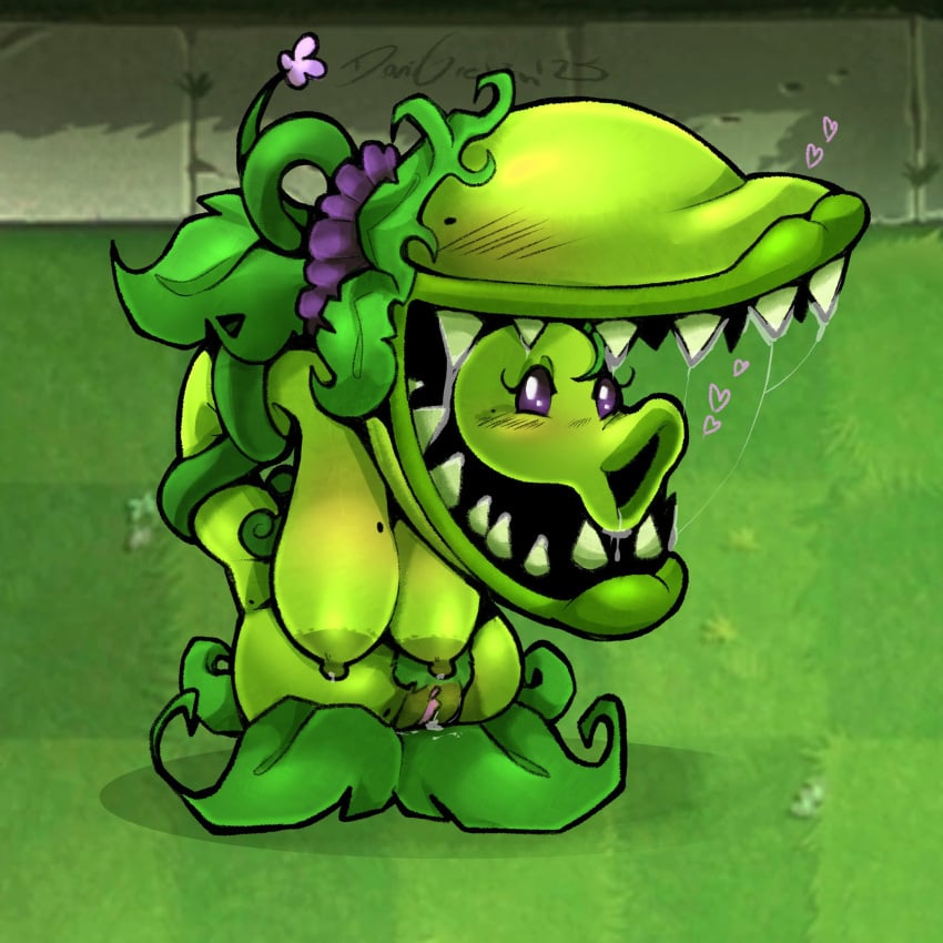 2025 blush blush_lines bodily_fluids breasts danigrex2n electronic_arts elemental_creature female flora_fauna flower genitals grass heart_symbol hi_res leaf plant plants_vs_zombies popcap_games purple_eyes pussy saliva saliva_string sharp_teeth signature snap_pea_(pvz) solo teeth vines