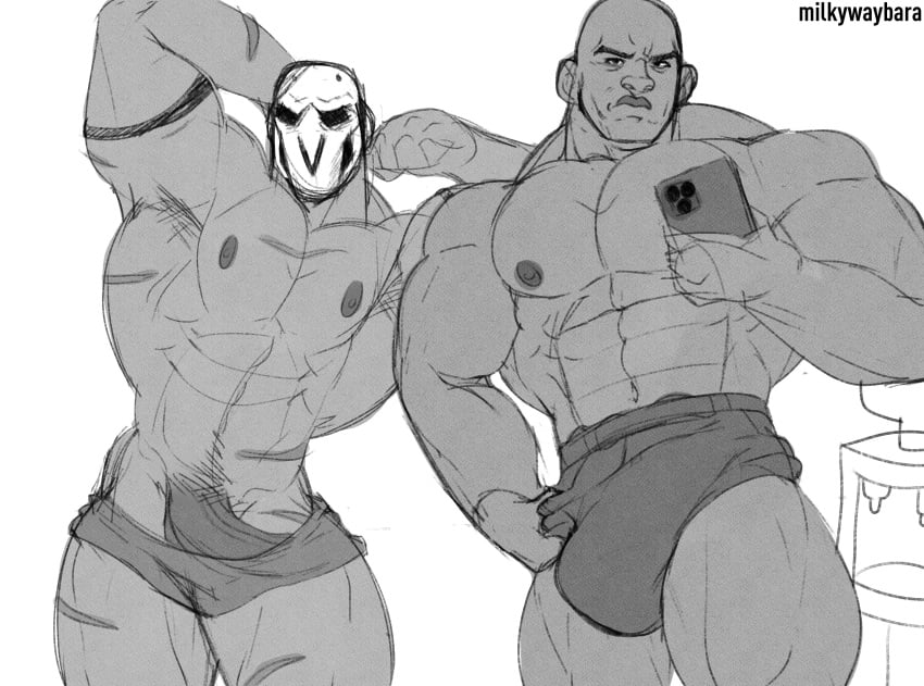balls bara big_penis boner bulge doomfist erection erection_under_clothes flexing male male_only milkywaybara monochrome muscles muscular overwatch penis reaper
