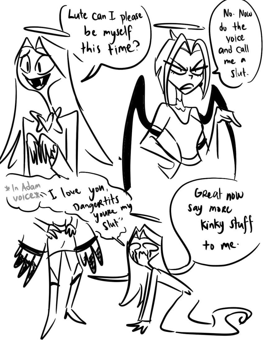 aggressive aggressive_female angel angel_wings boots bowtie crying dirty_talk doodle emositecc english english_text female forceful funny halo hazbin_hotel horny_female humor joke joke_art lute_(hazbin_hotel) male male/female on_knees reluctant scalie sir_pentious_(hazbin_hotel) snake_tail text white_hair white_skin wings