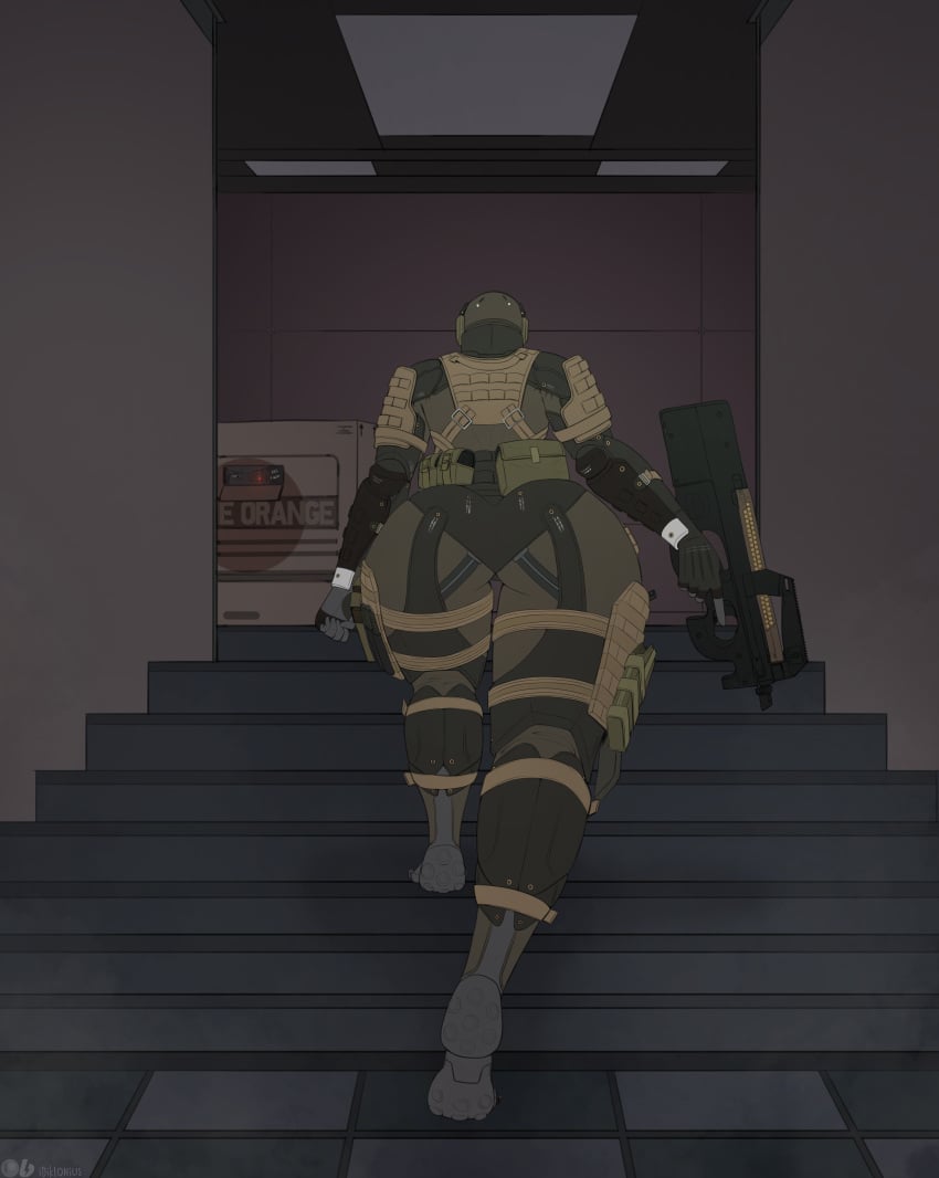 armored_female background cardboard_box child_bearing_hips color commission curvy diklonius female fully_clothed garter_belt haven_trooper hi_res huge_butt metal_gear_solid metal_gear_solid_4 military_helmet military_uniform p90 soldier straps thick_thighs voluptuous weapon wide_hips