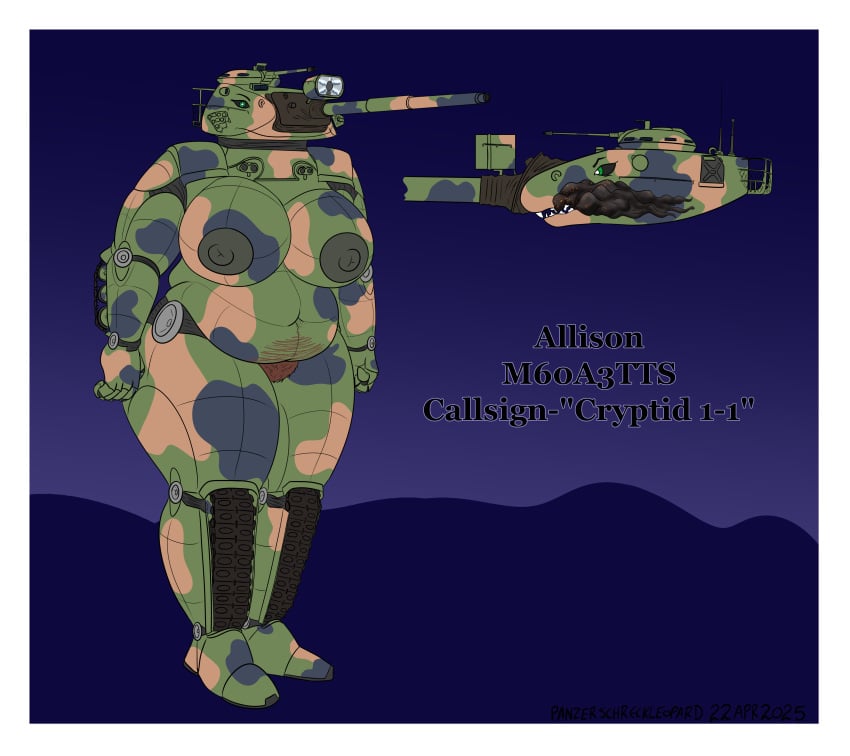 2025 absurd_res allison_(pit_viper) anthro black_sclera body_hair camo_body colored dark_nipples deep_navel female green_body green_eyes grey_body gun happy_trail hi_res living_machine living_tank living_vehicle m60 m60a3 machine machine_gun navel panzerschreckleopard pubes pupils ranged_weapon smoke smoke_from_mouth tan_body tank_(vehicle) tankmorph vehicle weapon white_pupils
