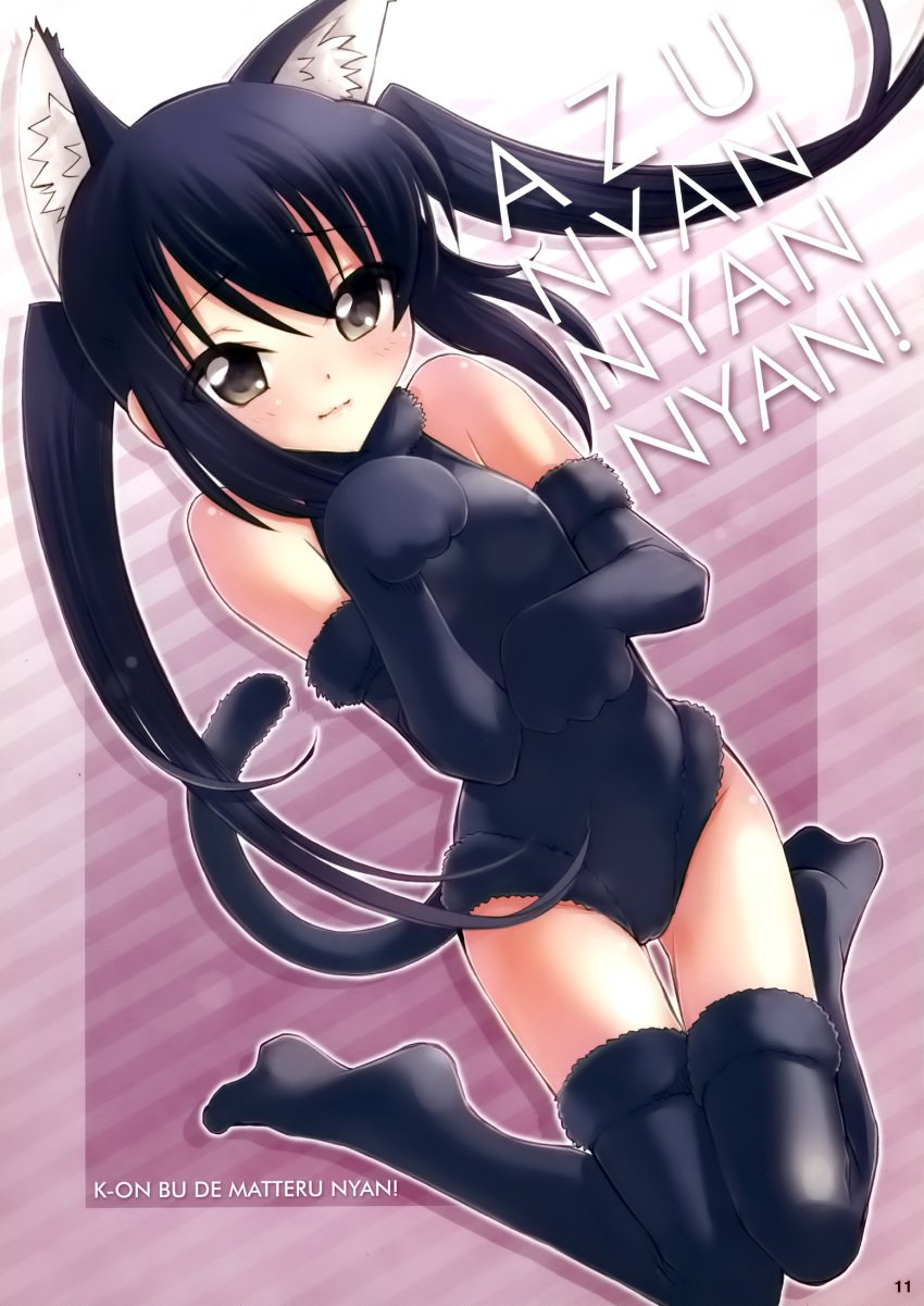 1girls alluring artist_request azusa_nakano_(k-on!) black_hair brown_eyes cat_ears cat_tail catgirl female k-on! kneeling neko nekomimi tagme twintails