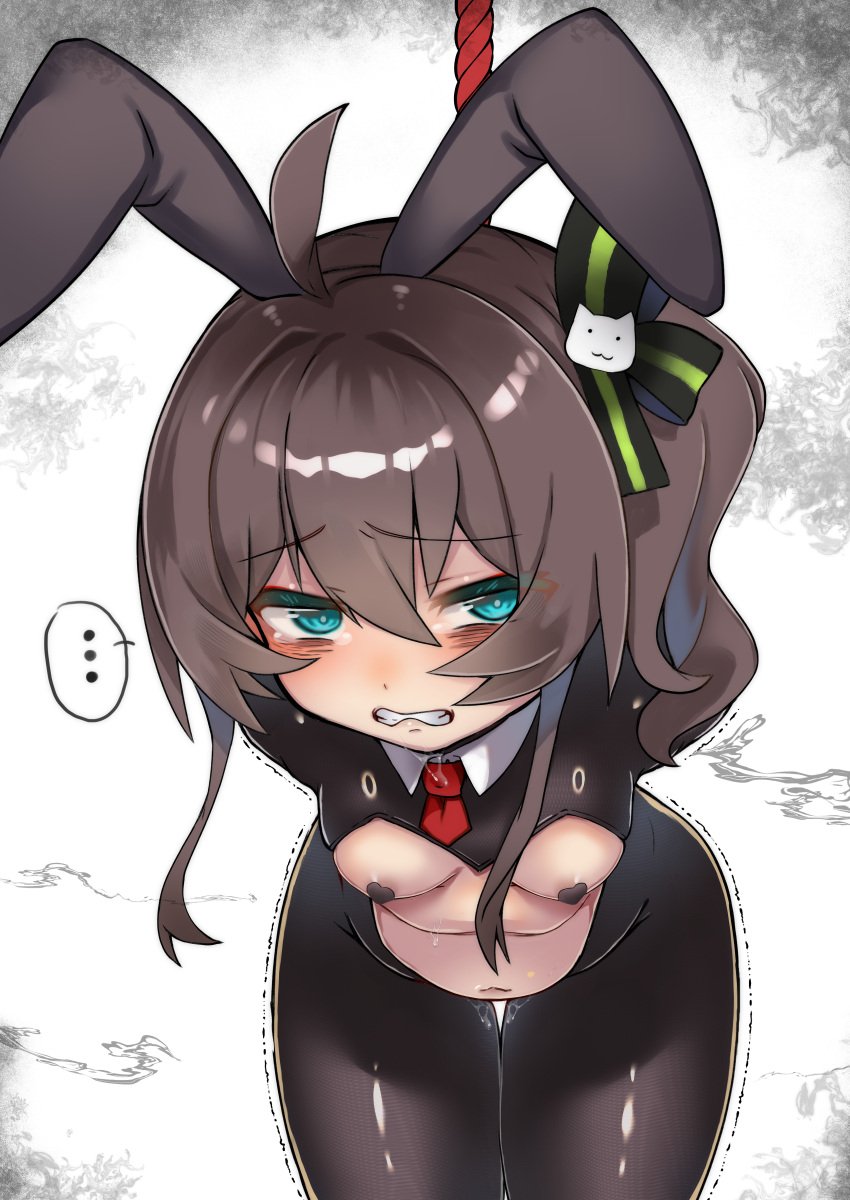 ... absurdres ahoge alternate_costume animal_ears aqua_eyes arms_behind_back black_pasties black_ribbon black_shrug blush bondage bondage bound breasts brown_hair clenched_teeth collared_shrug cowboy_shot crotchless embarrassed fake_animal_ears female green_ribbons hair_between_eyes hair_ribbon heart_pasties highres hololive johnny_(braun-kan_cafe) latex latex_legwear leaning_forward looking_at_viewer meme_attire natsuiro_matsuri navel necktie pasties pussy_juice rabbit_ears revealing_clothes reverse_bunnysuit reverse_outfit ribbon saliva shrug_(clothing) side_ponytail small_breasts solo spoken_ellipsis suspension tears teeth trembling virtual_youtuber
